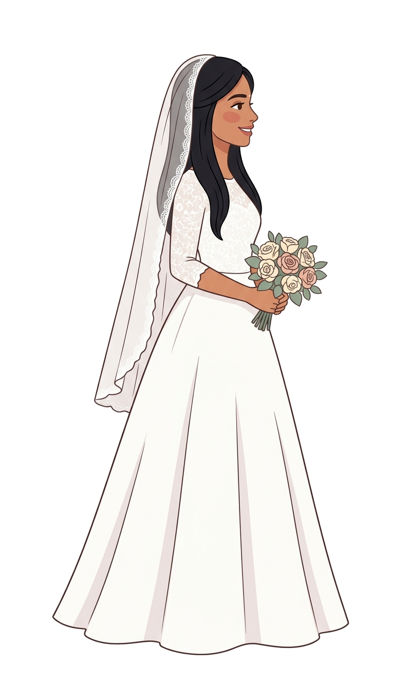Bride in white wedding gown facing the groom